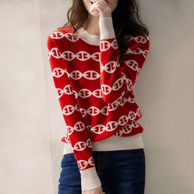 洋派提花圆领羊绒毛衣女秋t冬季新款外穿长袖针织衫套头宽松上衣