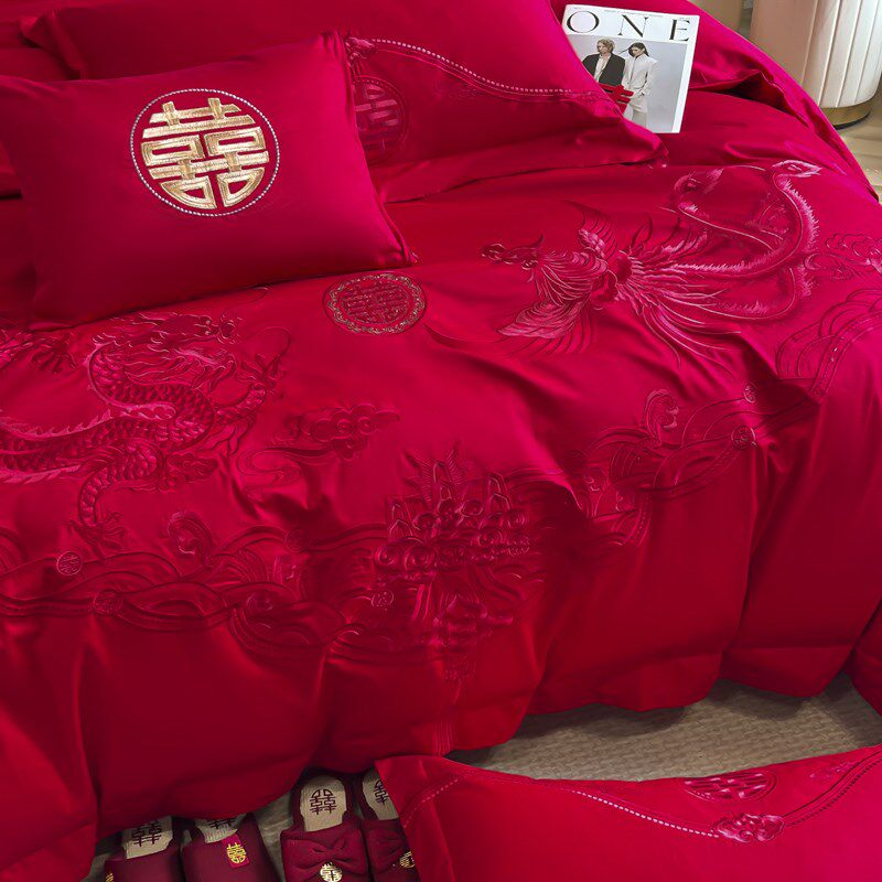 新中式龙凤刺绣100支婚庆四件套大红色被套新婚喜被结婚床上用品4,床上用品,婚庆床品套件,淘宝优惠券,粉丝福利购,淘宝优惠卷