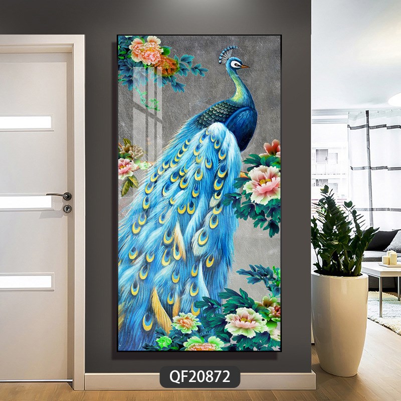 北欧轻奢入户玄关装饰画蓝孔雀客厅走廊过道壁画现代晶瓷镶钻挂画图片