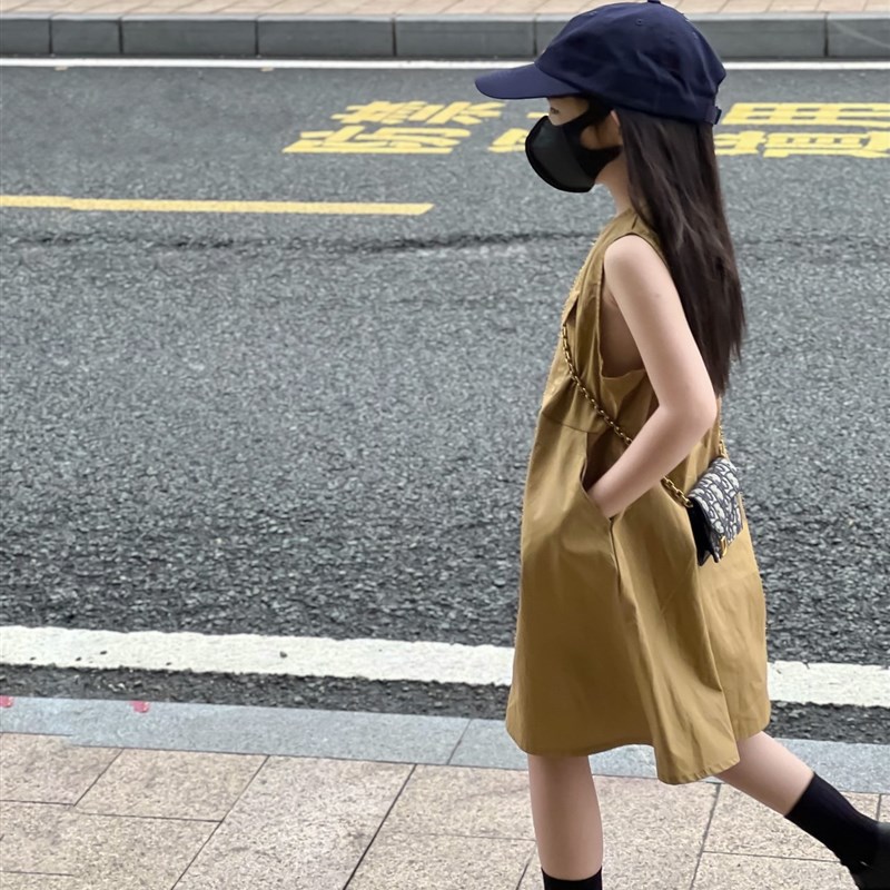 韩国女童连衣裙2023夏季新款女孩无袖公主裙儿童气质卡其色背心裙
