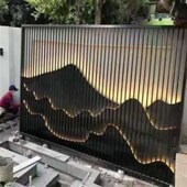 爆品新别墅不锈钢屏n风隔断客厅香槟金拉丝铝雕酒店假山背景墙格