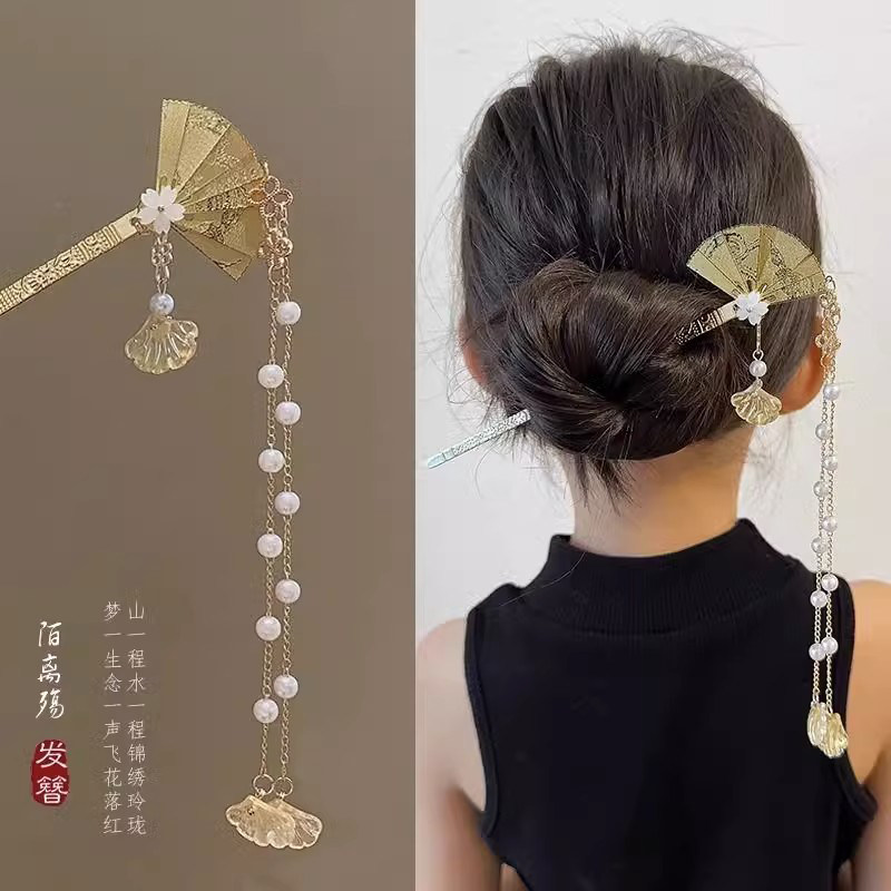 热销国风马面裙新中式配饰头饰儿童盘发发簪女古风汉服簪子流苏步