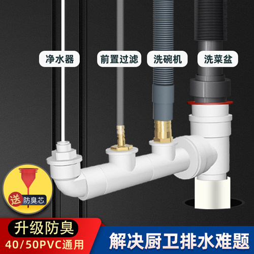 厨房下水三通水槽管洗菜池洗x碗机净水器前置排水管道二合一接头