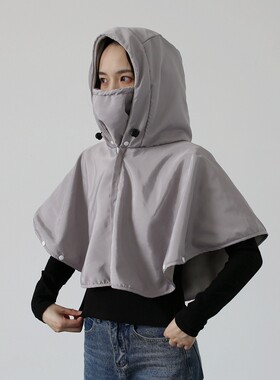 骑电动车保暖防雨水面罩连帽子一体披肩女冬天户外防寒防风短外套