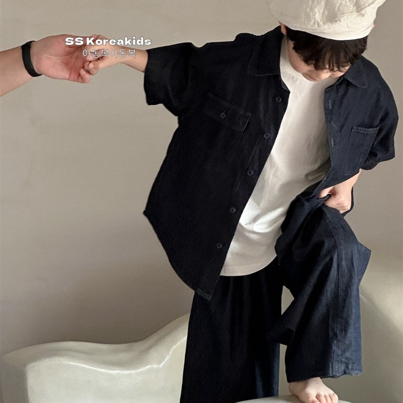现货SS高端品牌韩国童装r痞帅男孩时髦装牛仔衬衫2024新款男童套