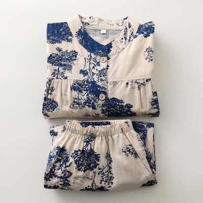 国风中袖睡衣女士薄款单层竹节棉青花印花宽松大码夏季家居服