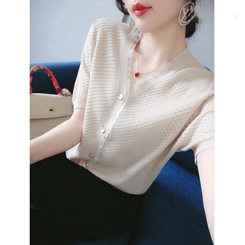 木耳边冰丝针织开衫女夏季2023新款V领短袖T恤女时尚洋气百搭上衣