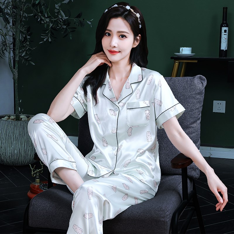 春夏季睡衣女薄款丝绸两件套甜美冰丝开衫加大码长裤家居服可外穿