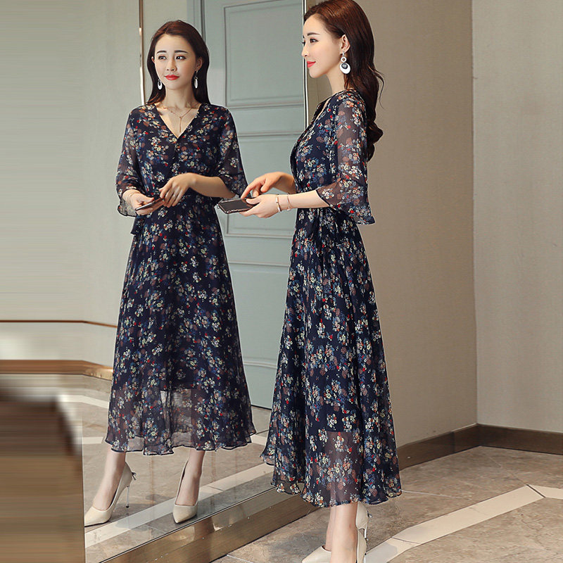 雪纺连衣裙女2024新款收腰显瘦夏季中长款中年妈妈喇叭袖碎花裙子,女装/女士精品,连衣裙,淘宝优惠券,粉丝福利购,淘宝优惠卷