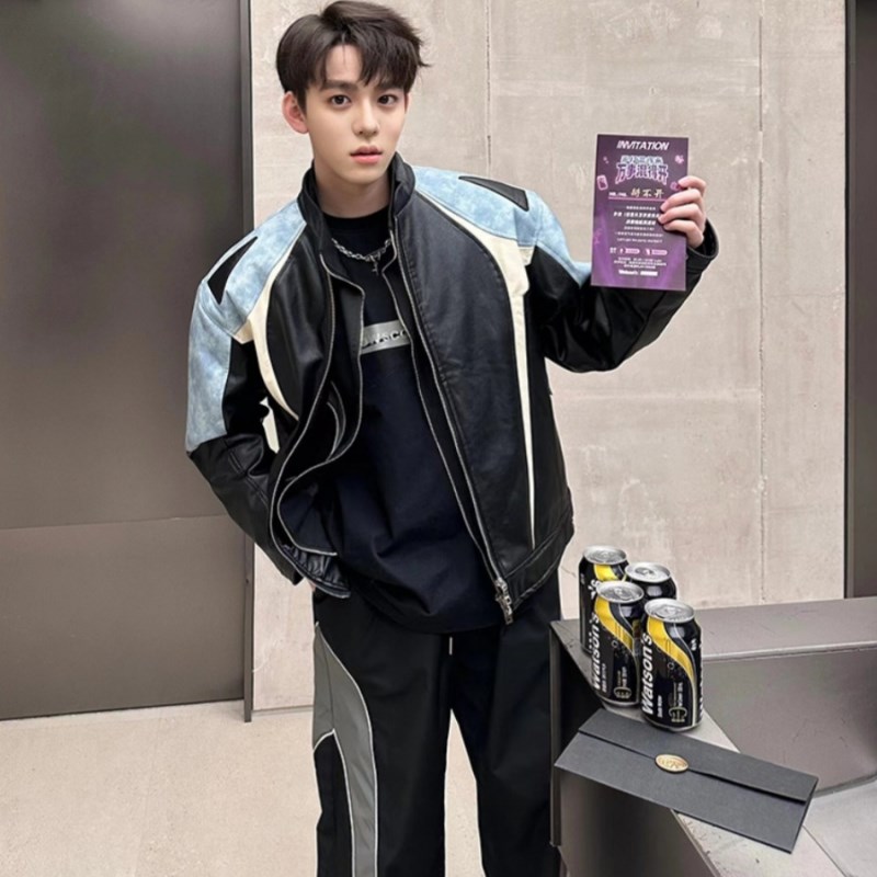 美式高街hiphop短款扎染撞色机车赛车服外套男高级感夹克皮衣上衣