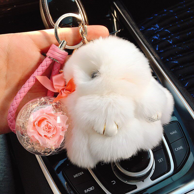 速发真雷克斯兔毛小兔子毛绒玩偶永生花球车钥匙扣萌兔手机吊饰公