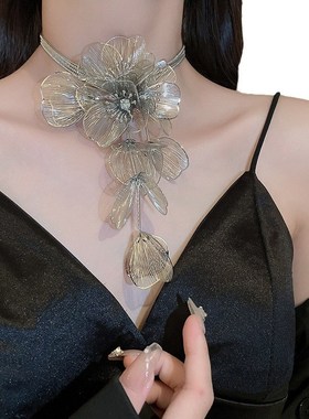 热销花朵耳环项j链套装欧美夸张女金属感高级流苏耳环舞会礼服配