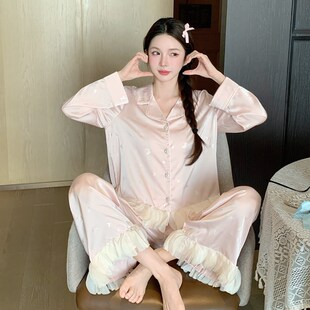 睡衣春秋女款冰丝2025新款高级感洋气长袖长裤夏季时尚家居服套装