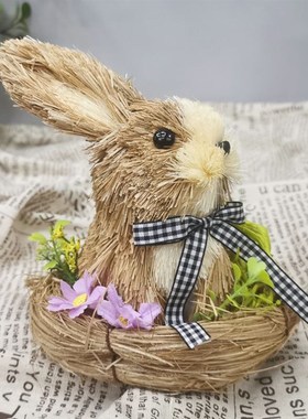 铁艺屏风木质小鹿草编兔子组合橱窗幼儿园自然角装饰摆件花园布置