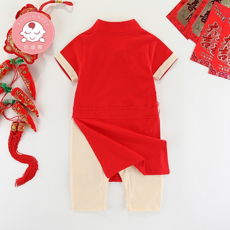 男宝宝一周岁礼服夏季薄款唐装新生婴儿连体哈衣服夏装生日宴汉服