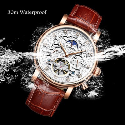 KINYUED Skeleton Automatic Watch Men Sun Moon Phase Waterpr