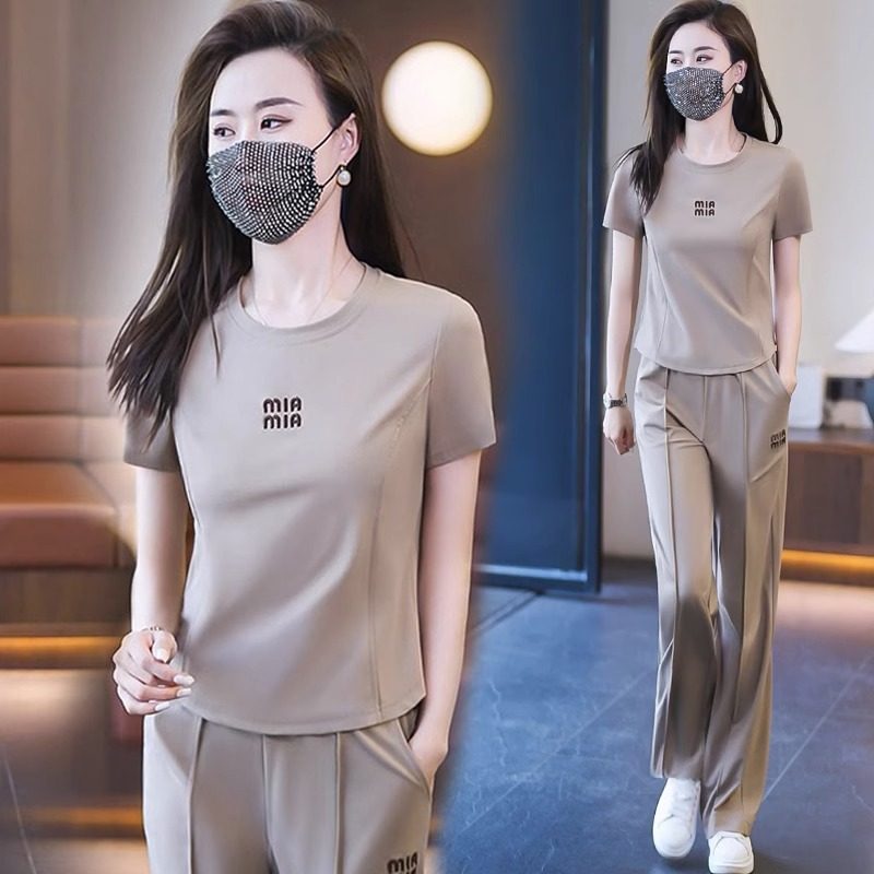 冰丝薄款时尚运动服套装女夏2023年新款韩版休闲减龄阔腿裤两件套