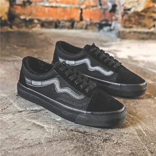 2022年冬季新款全黑色帆布鞋女韩版加绒保暖低帮棉鞋百搭工作鞋潮