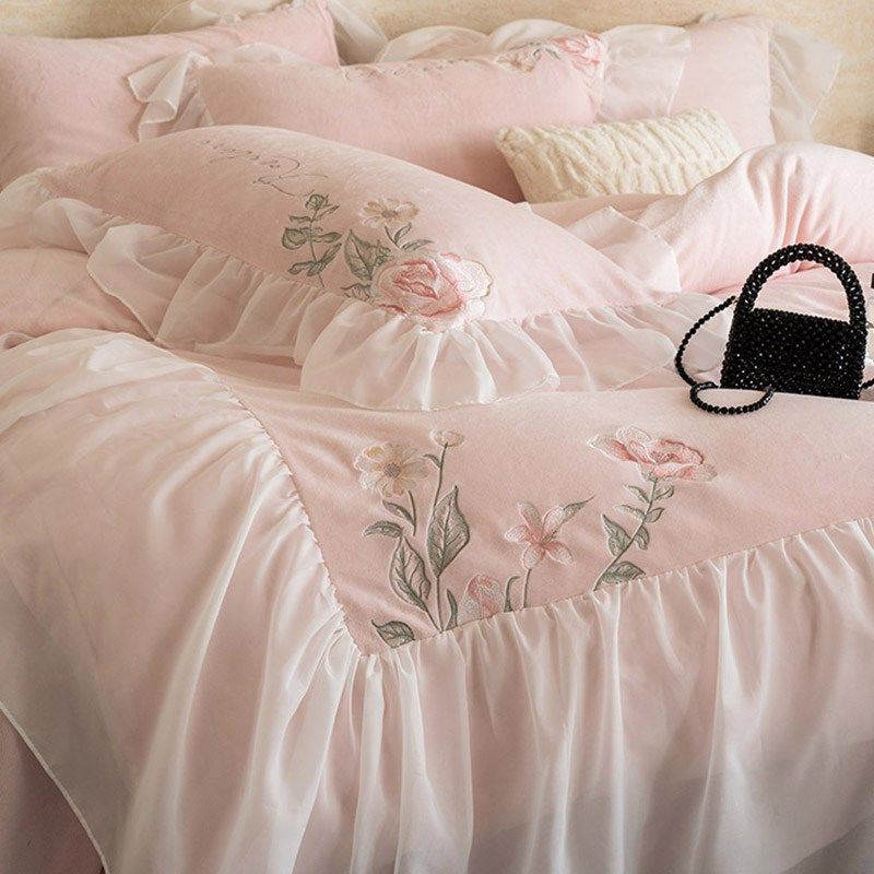 法式浪漫风冬季保暖牛奶绒四件套加厚花卉刺绣被套床上用品粉色,床上用品,床品套件/四件套/多件套,淘宝优惠券,粉丝福利购,淘宝优惠卷