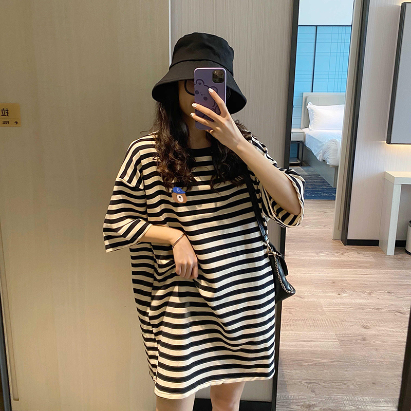 孕妇装夏装韩版中长款上衣宽松大码200斤条纹P打底衫纯棉孕妇T恤