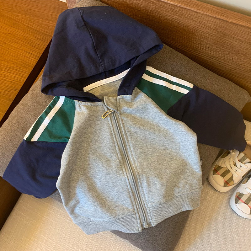 儿童开衫卫衣春秋款男女童连帽拉链衫拼接夹O克休闲中小童宝宝外