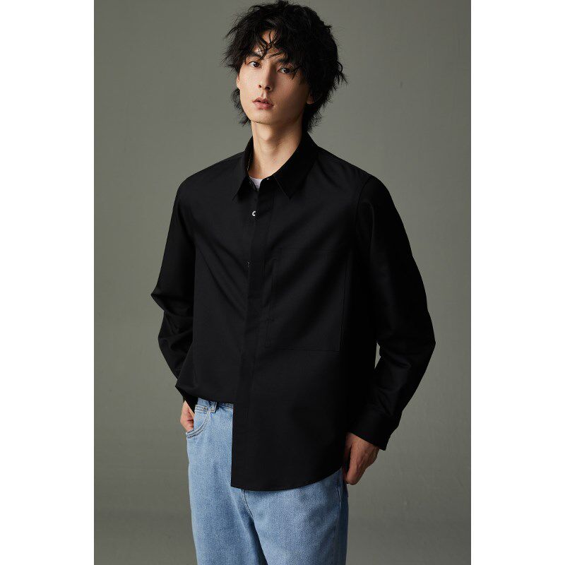 设计感行政白色长袖衬衫男士打底衫内搭春秋季休闲宽松口袋衬衣男