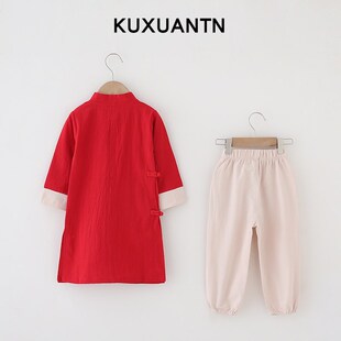 中国风古装汉服女童春夏周岁宝宝礼服男童纯棉唐装国学服相声长袍