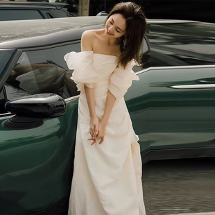 法式 白色缎面仙气新娘出门迎宾轻婚纱宴会旅拍气质敬酒晚礼服裙女