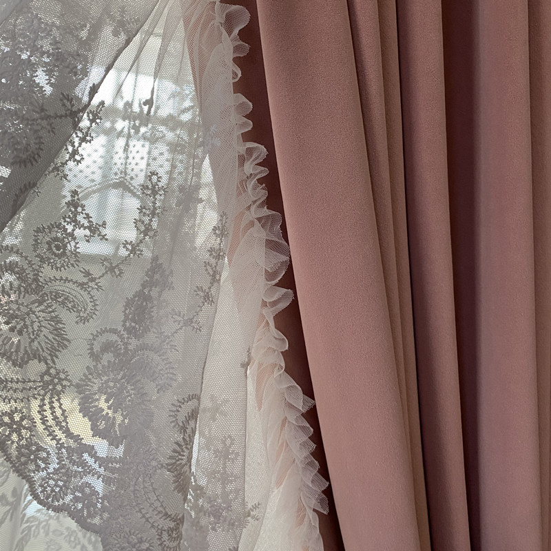 法式美式卧室脏粉色加厚丝绒遮光窗帘不倒绒纯色布帘蕾丝2022新款
