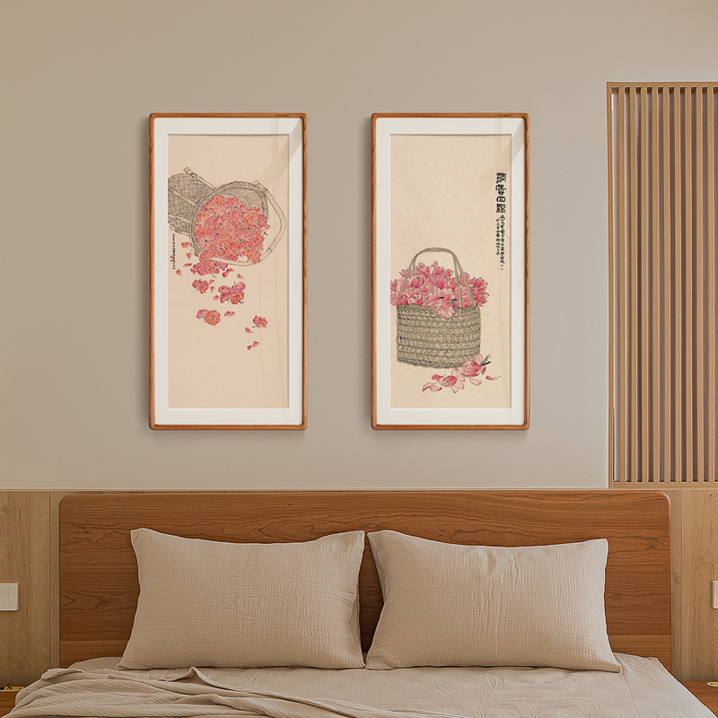花卉竖版玄关装饰画沙发背景墙三联画日式清新茶室书房水墨壁挂画图片