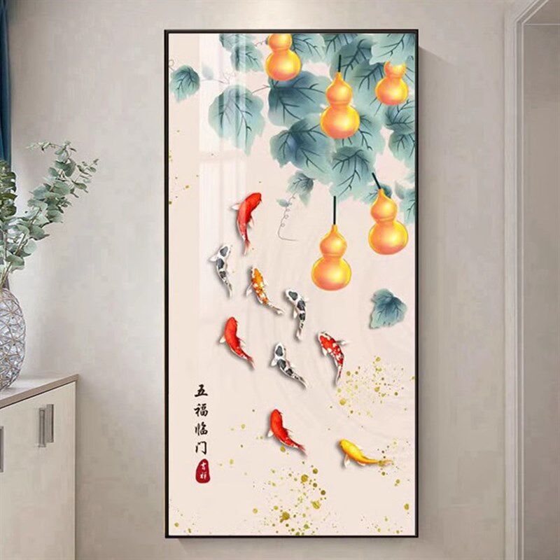 入户玄关装饰画客厅正对门挂画九鱼图过道走廊尽头墙壁画单幅竖版