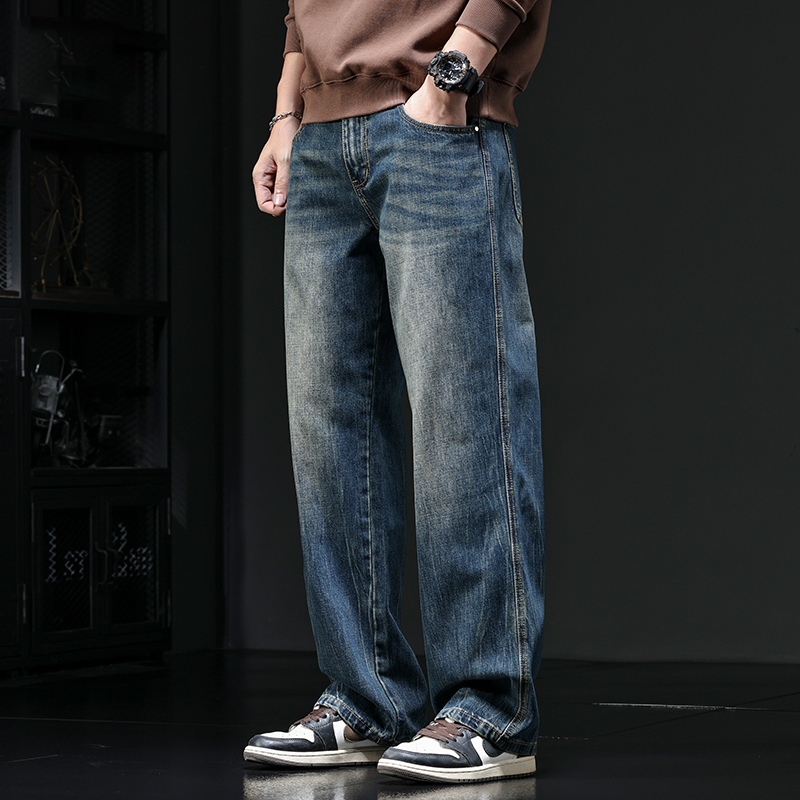 潮牌美式百搭蓝牛仔裤男士重工复古拖地宽松直筒阔腿垂坠感长裤子