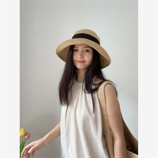 韩版大帽檐遮阳帽太阳帽防紫外线草帽沙滩帽可折叠海边度假帽优雅