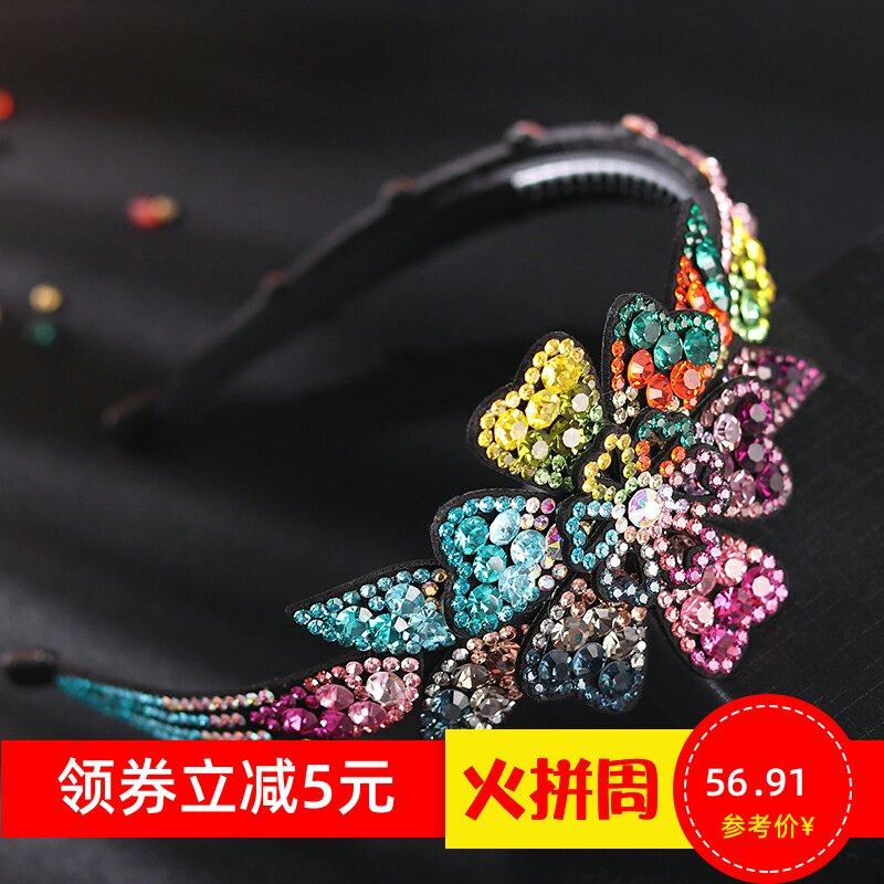 新款头箍时尚镶钻百搭发箍宽边日韩简约花朵盘发发卡头饰头花