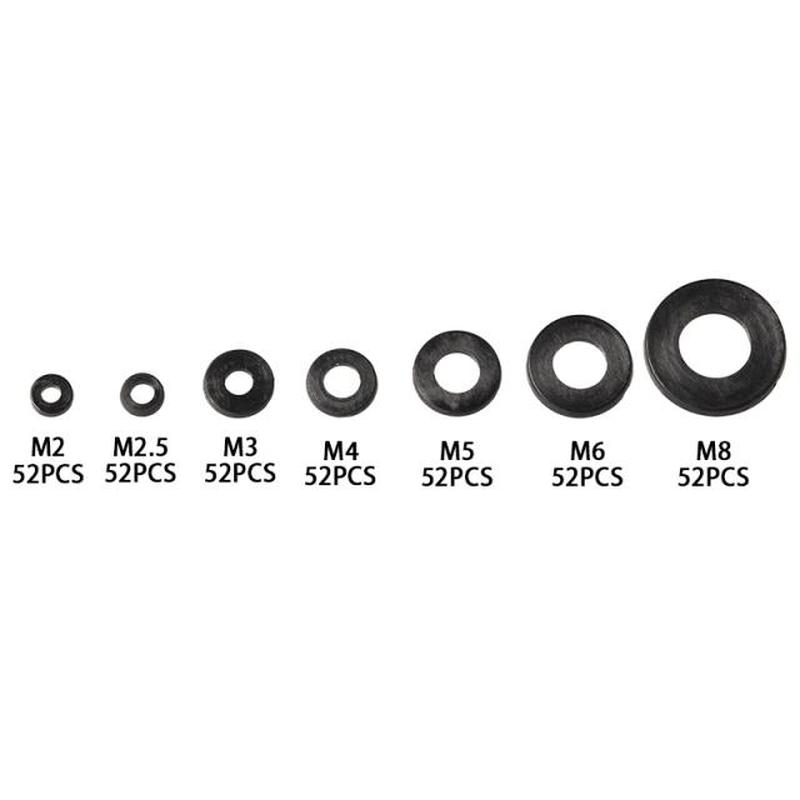 极速364Pcs Metric Black Nylon Washers M2-M8 Flat Ring Plain