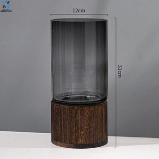 轻奢玻璃花瓶新中式客厅摆件插花带底座创意新款感1230木托中等