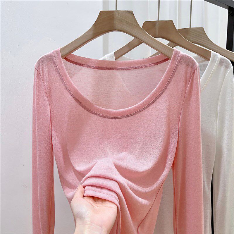 粉色大圆领面膜t恤女2024春夏B季新款打底衫长袖修身针织薄款上衣