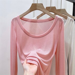 粉色大圆领面膜t恤女2024春夏B季新款打底衫长袖修身针织薄款上衣