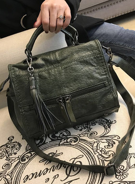 包包女2021新款潮软皮流苏单肩包韩版拼接手提包百搭斜挎包机车包