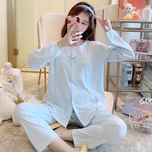 夏季月子服纯棉薄款9月份哺乳8孕妇睡衣女春秋大码怀孕期宽松产妇