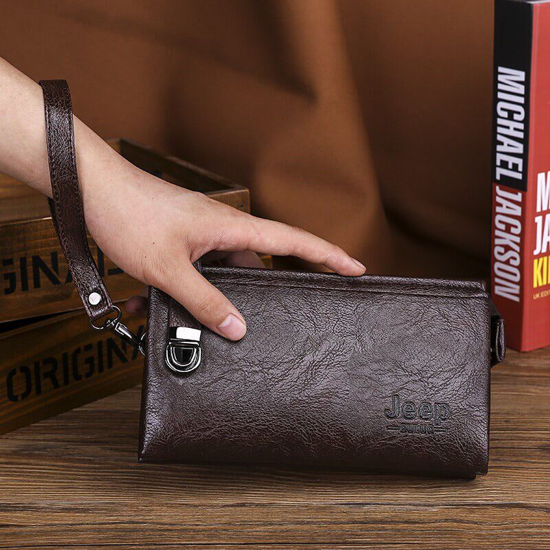 宾拓新款男士手包商务手拿包男式手抓包休闲包长款拉链钱包批深棕