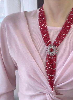 玫红多层项链女款小众设计高级感轻奢豪华毛衣链颈链配饰送女友