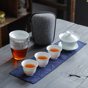 便携S包户外旅游log 笑匠盖碗一壶四杯玻璃快客杯三杯旅行茶具套装