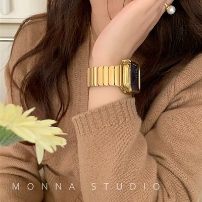 Monna百搭简约高级质感金属不锈钢表带iwatch987654se适用星光色
