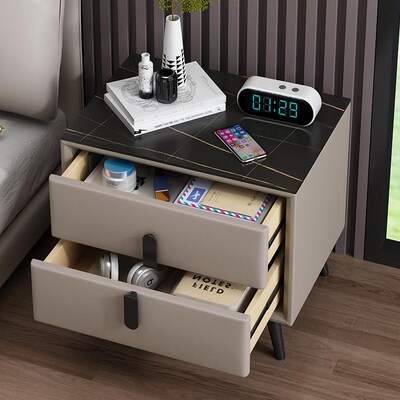 全实木床头柜简约高级感极简黑色岩板主卧室家用50猫爪皮床边柜子