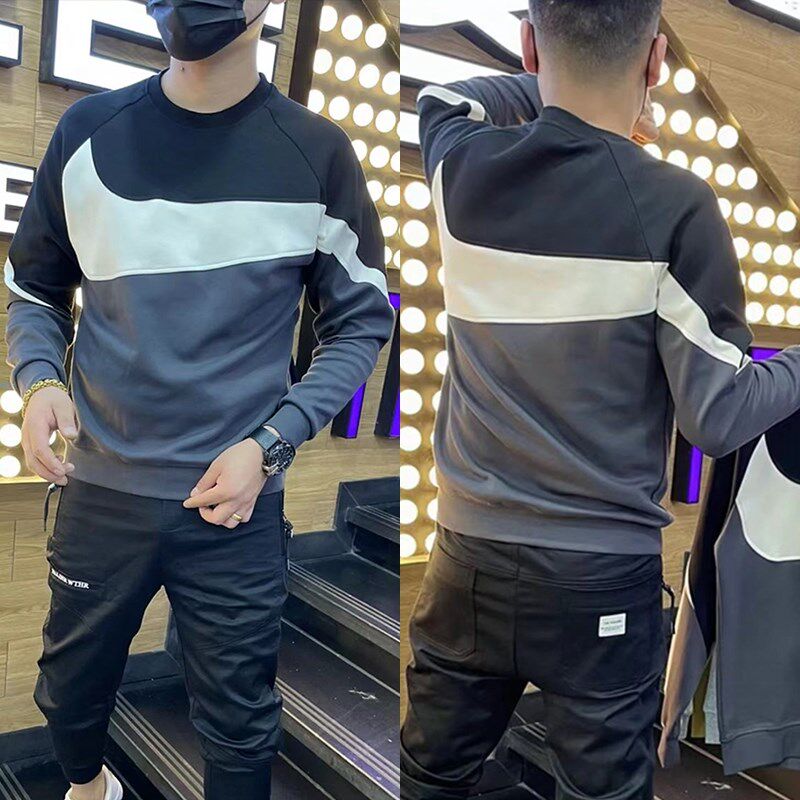 秋季新款韩版潮流拼色圆领卫衣男士百搭套头长袖Tt恤春秋休闲上衣