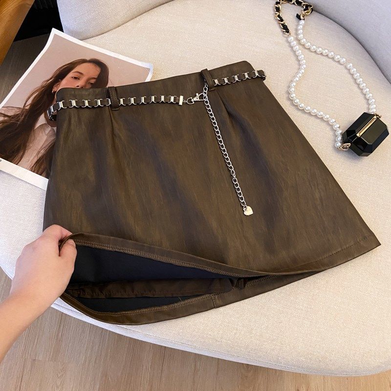 纯欲辣妹复古PU皮半身q裙女秋法式高腰休闲韩系带腰链A字包臀短裙,模玩/动漫/周边/娃圈三坑/桌游,Cosplay女装/cos女装,淘宝优惠券,粉丝福利购,淘宝优惠卷