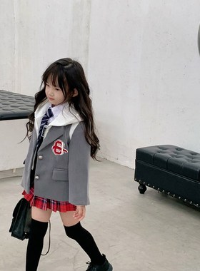 萌c童品女童假两件外套宝宝2023秋冬韩系N灰色棒球服儿童连帽开衫