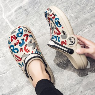 35 36 37小码男鞋子涂鸦个性潮流高中小学生洞洞鞋情侣防滑凉拖鞋