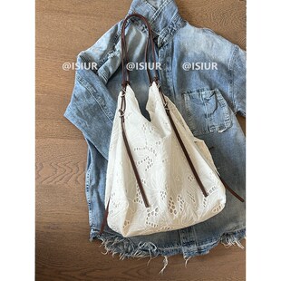 白色大容量刺绣单肩手提购物包夏季小清新轻便通勤包度假旅游大包